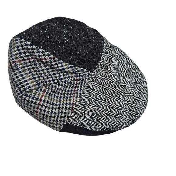 Patchwork Flat Cap‎ M/L Wool Blend Herringbone Houndstooth Design Newsboy Retro - Picture 2 of 10